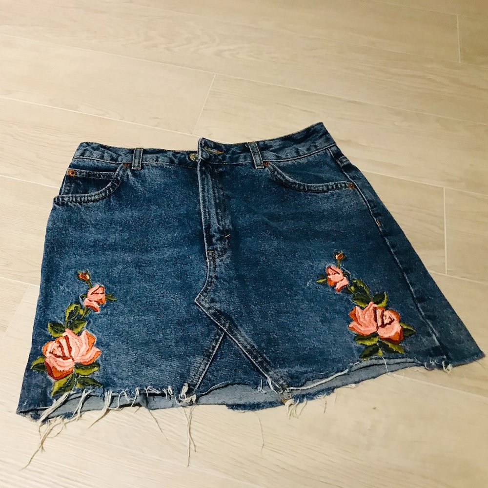 Topshop Denim Floral Mini Skirt